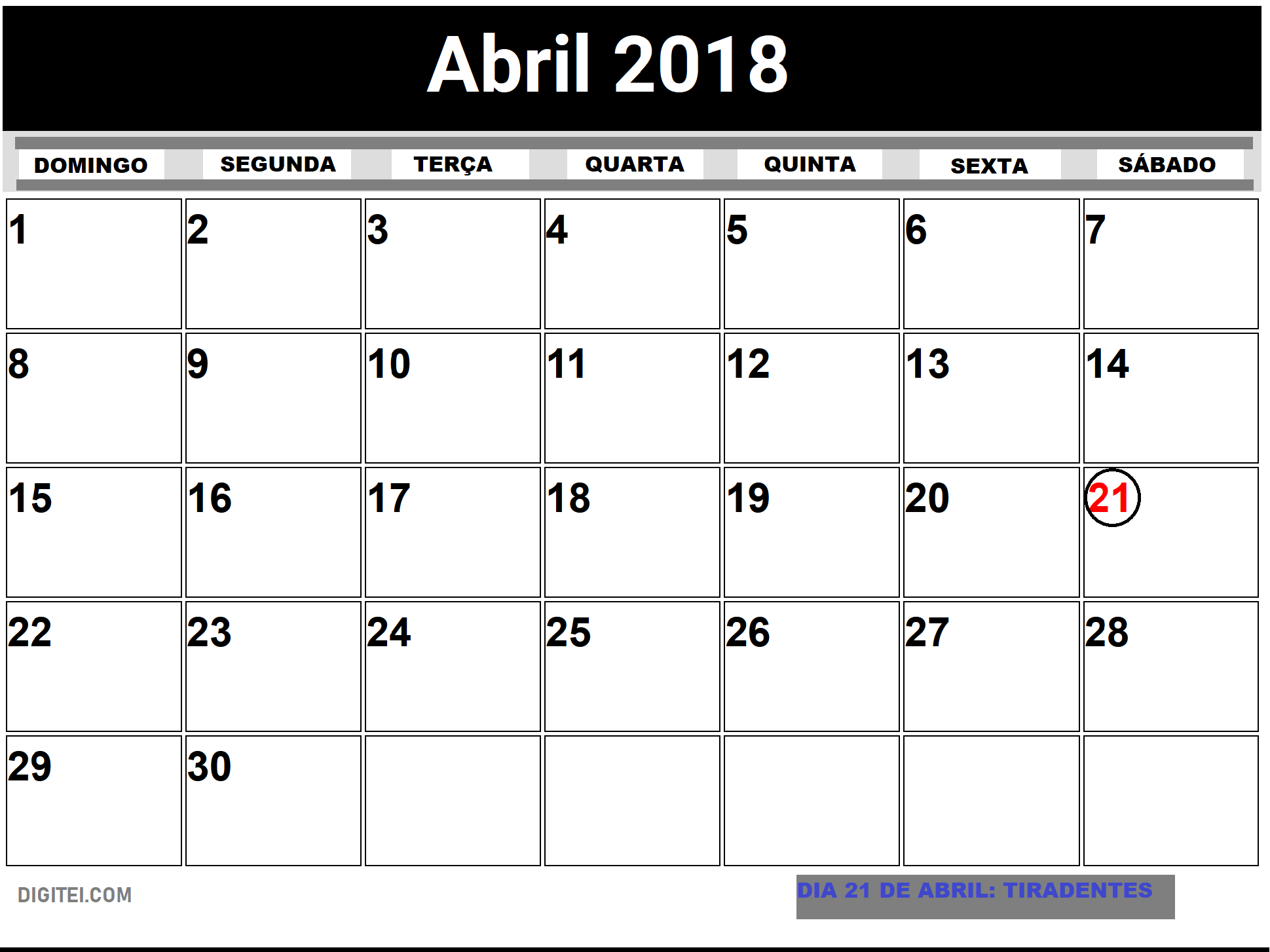 CalendÁrio Abril 2018 Com Feriados Para Imprimir Digitei 3272