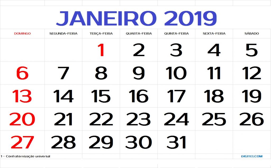 Calendário Janeiro 2019 feriados para imprimir
