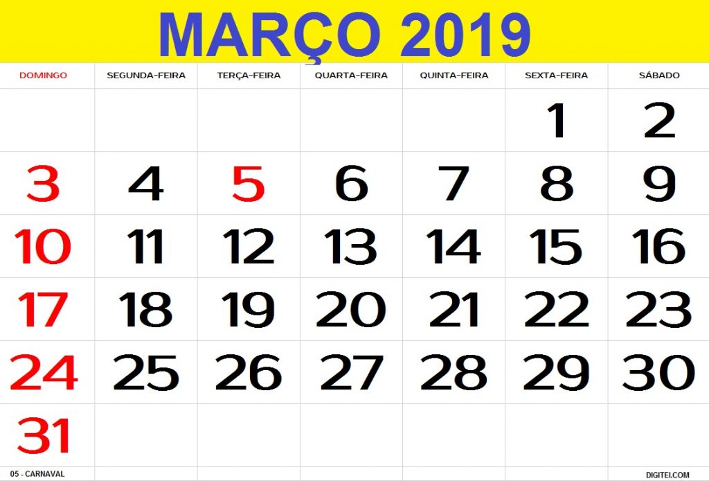 calendario março 2019 feriados para imprimir