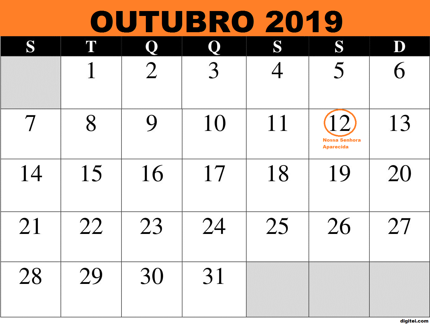 Calendário outubro 2019 feriados