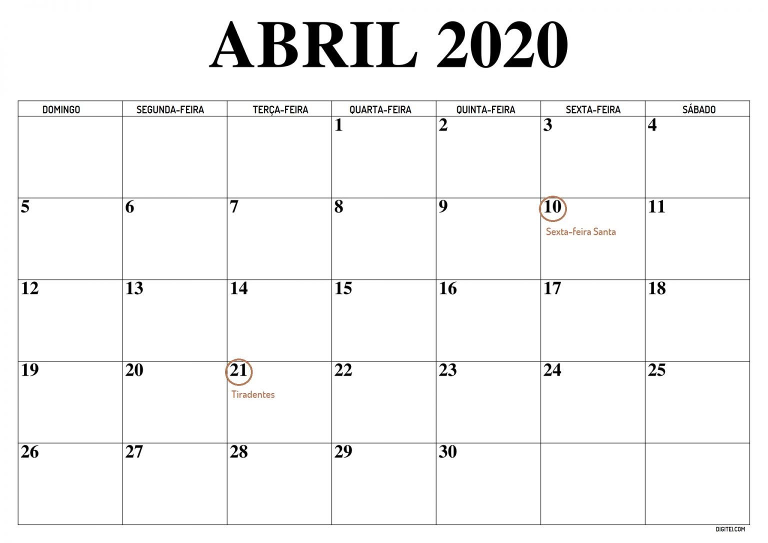 CalendÁrio Abril 2020 Com Feriados E Fases Da Lua Para Imprimir Digitei