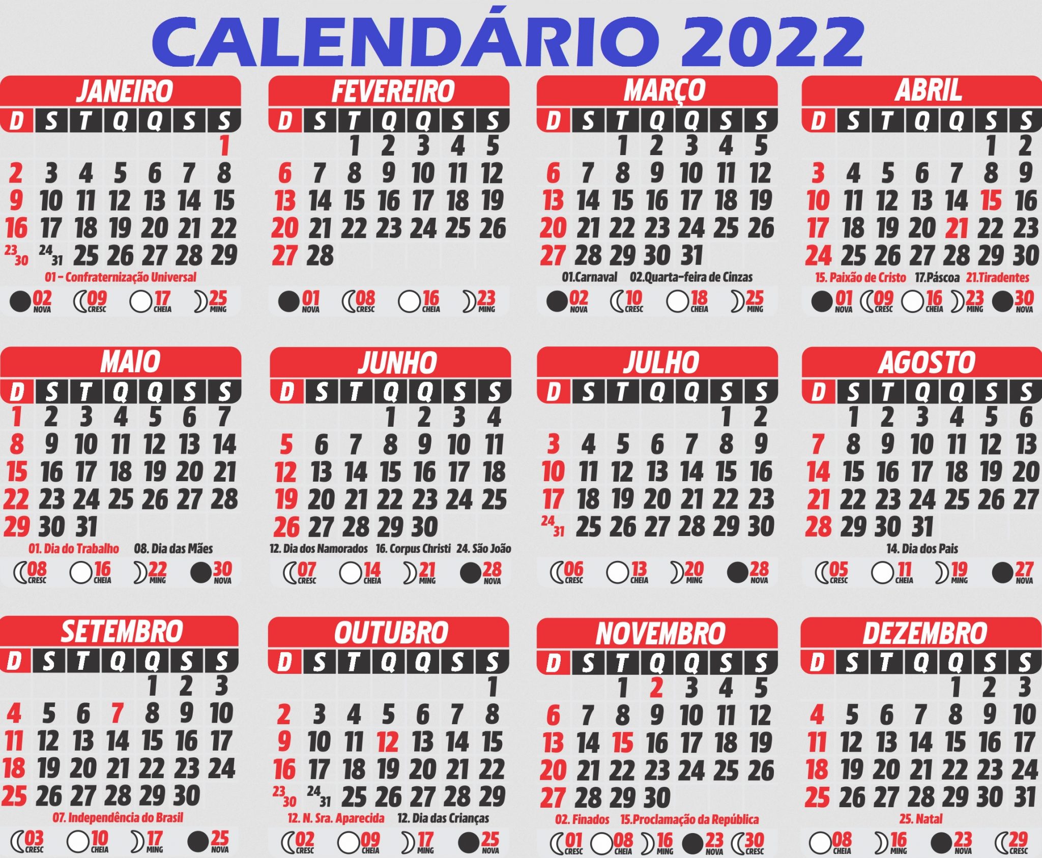 CalendÁrio 2022 Completo Com Todos Os Feriados Nacionais E Luas De 2022
