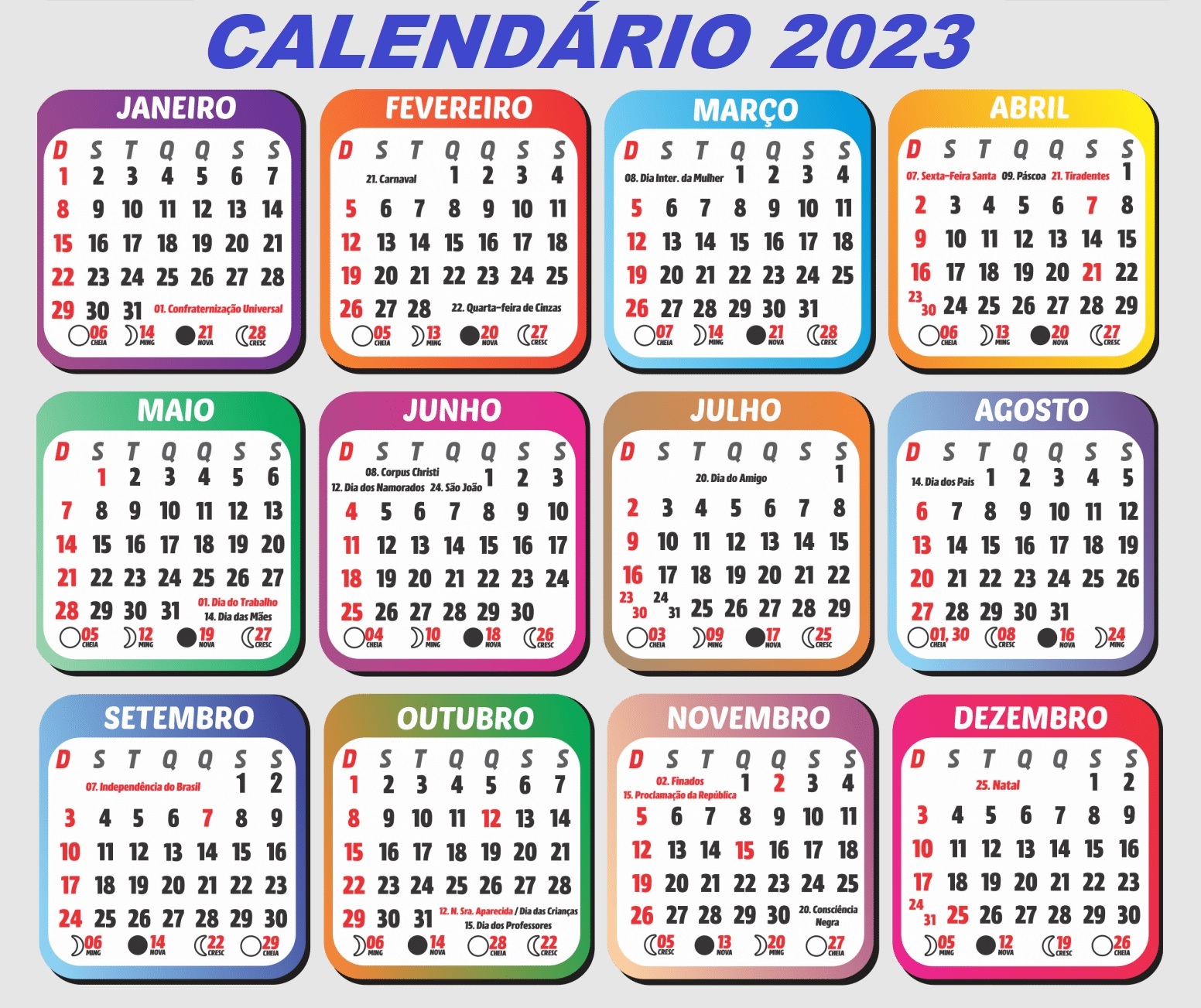 CalendÁrio 2023 Com Feriados E Luas Do Ano De 2023 Com VÍdeo Explicativo Digitei 7477