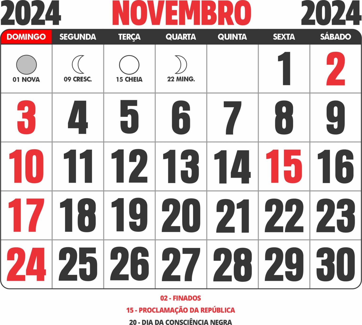 CALENDÁRIO DE NOVEMBRO DE 2024 FERIADOS E O NOVO FERIADOS DO DIA DA