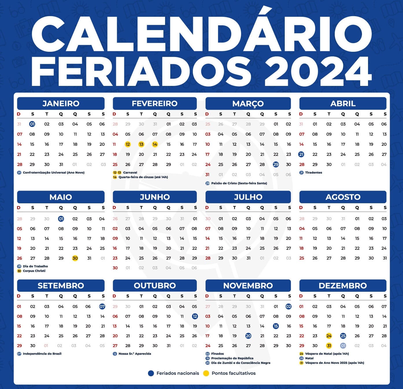 CALENDÁRIO 2024 COM FERIADOS E CALENDÁRIO LUNAR 2024 (PARA IMPRIMIR)