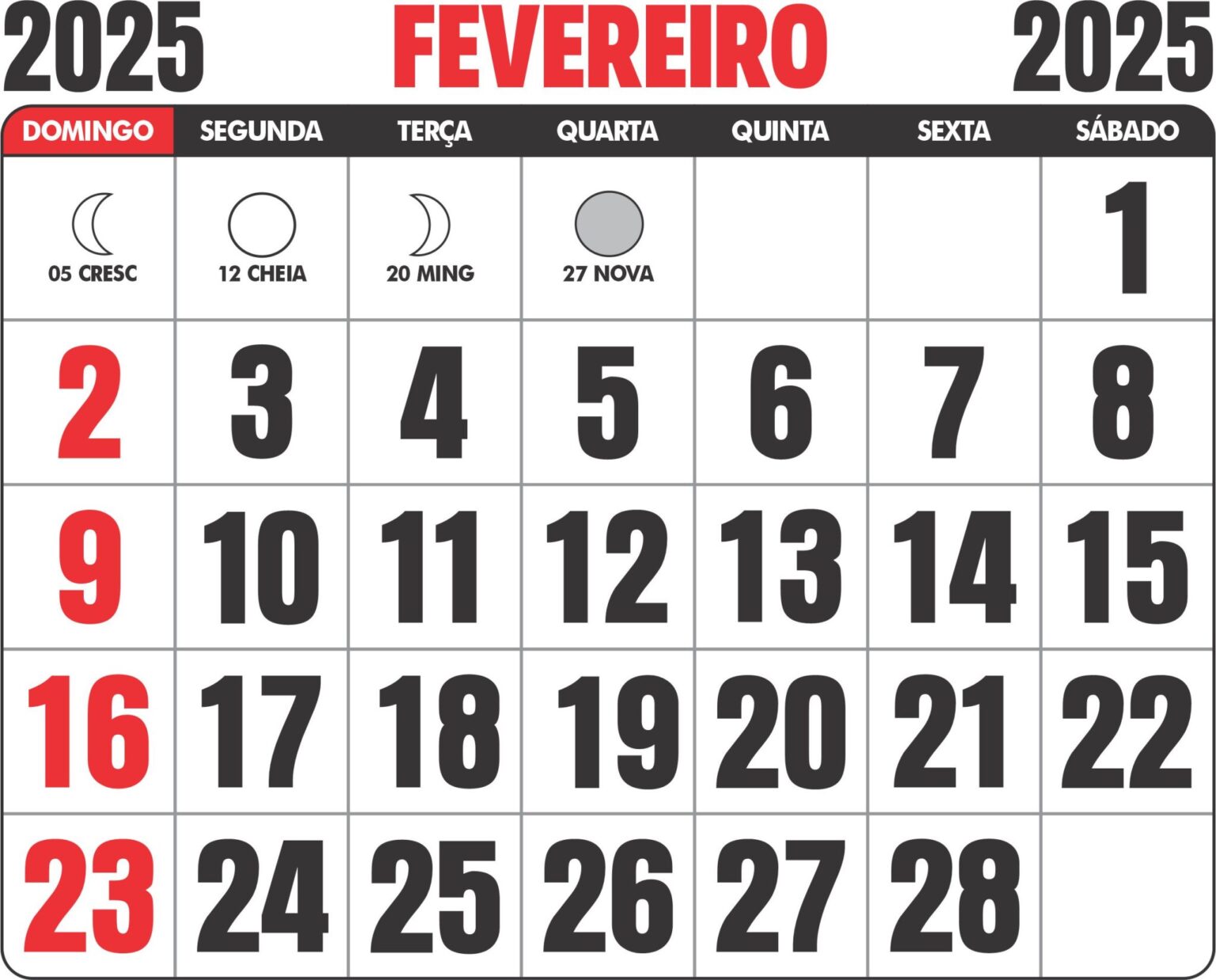 CALENDÁRIO FEVEREIRO 2025 FERIADOS CARNAVAL LUAS E DATAS COMEMORATIVAS